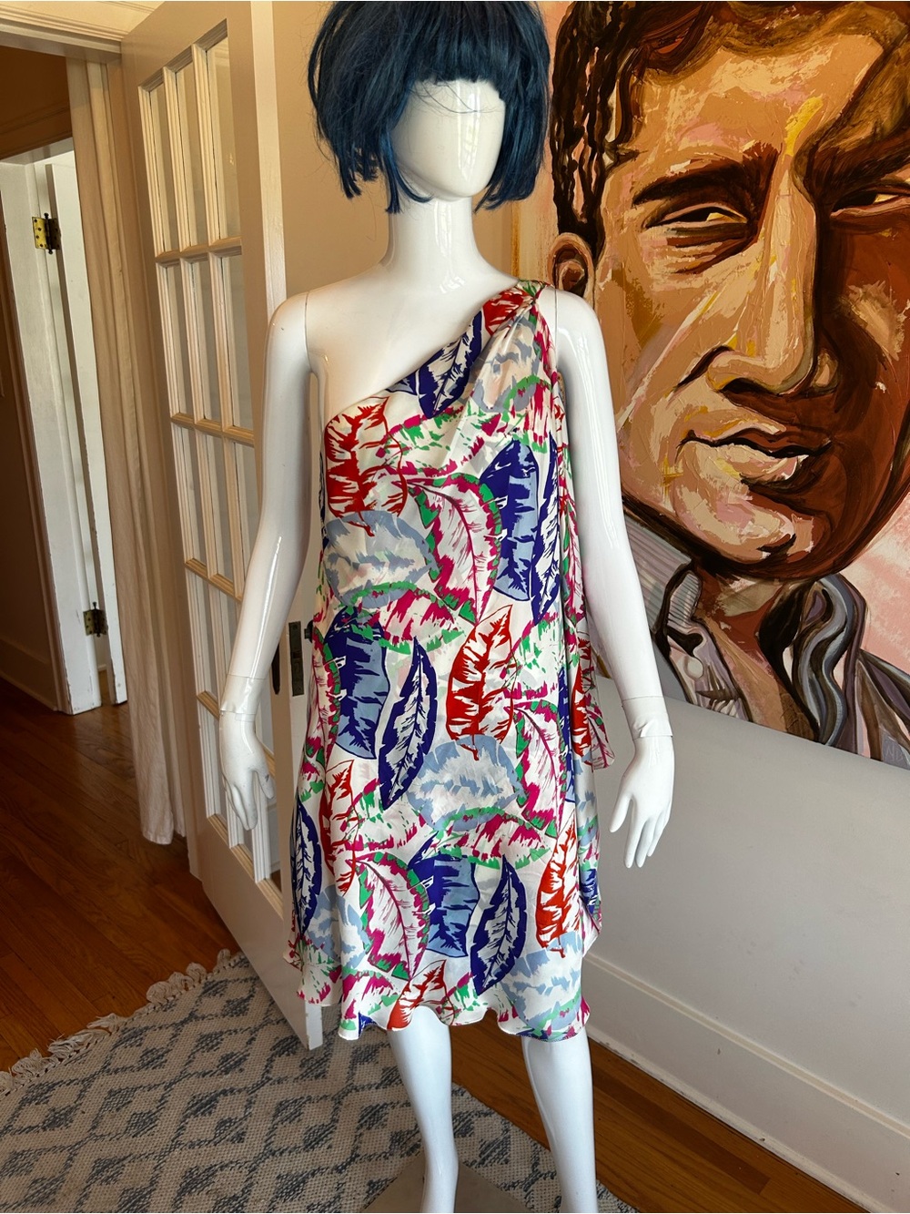 Halston Heritage One-Shoulder Multicolor Leaf Print Dress